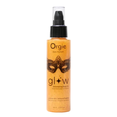 « Flacon de Glow Oil – Huile corporelle scintillant sur fond neutre »