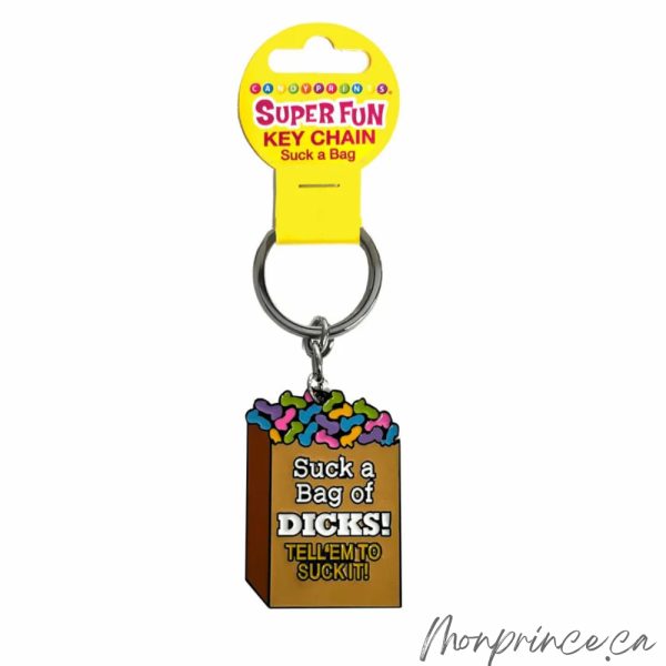 Porte-clés Super Amusant - Suck a Bag of Dicks accroché à un trousseau de clés.