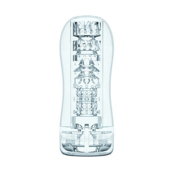 "Gros plan du manchon en TPE transparent du QuickShot Portable Cup Lingered, révélant la vue excitante de la pénétration."