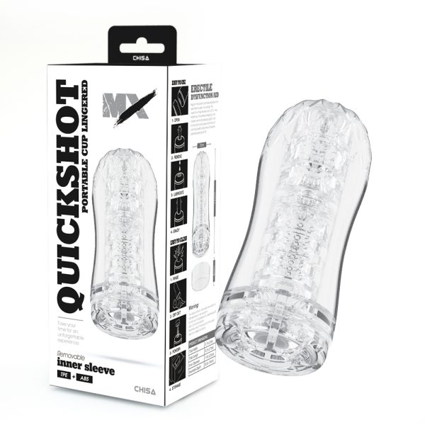 "Masturbateur QuickShot Portable Cup Lingered en TPE et ABS transparent, montrant son design élégant et discret."