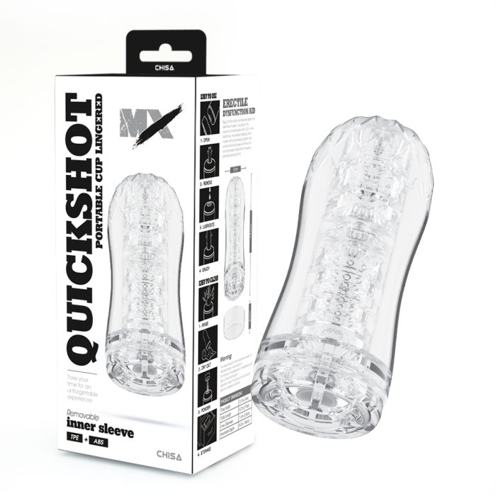 "Masturbateur QuickShot Portable Cup Lingered en TPE et ABS transparent, montrant son design élégant et discret."