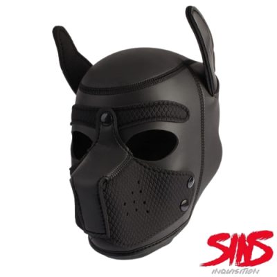 "Vue globale du masque de chien 'Be My Master Bondage Doggy Hood' en PU, mettant en avant son design fétichiste et ses détails canins."