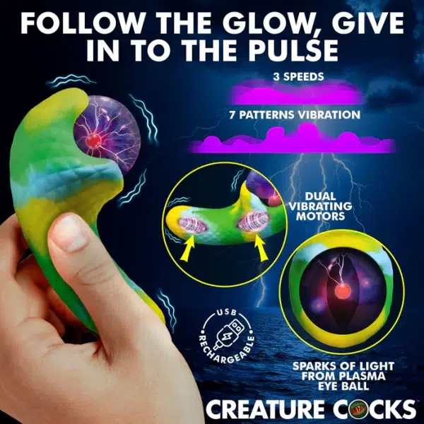 « Vue d’ensemble montrant les deux extrémités vibrantes du Creature Cocks Electric Eye Plasma Vibrator ».