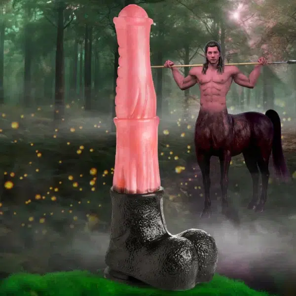 « Vue de profil du Gode Centaure Géant avec ventouse fixée à une surface plane ».