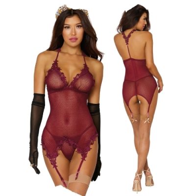 mannequin en nuisette résille florale bordeaux