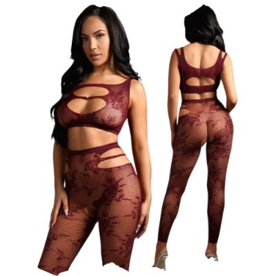 Bodystocking en dentelle bourgogne avec haut et legging sexy