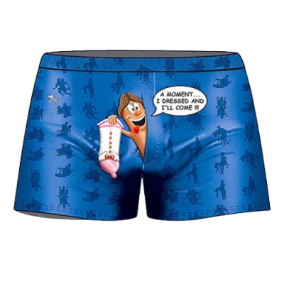 Boxer humoristique homme bleu – visuel personnage avec chaussette