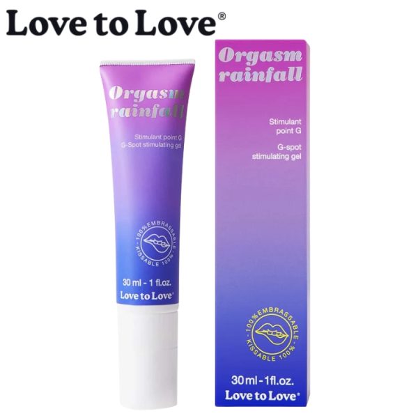 « Tube du Gel Stimulant Point G Orgasm Rainfall sur fond clair ».