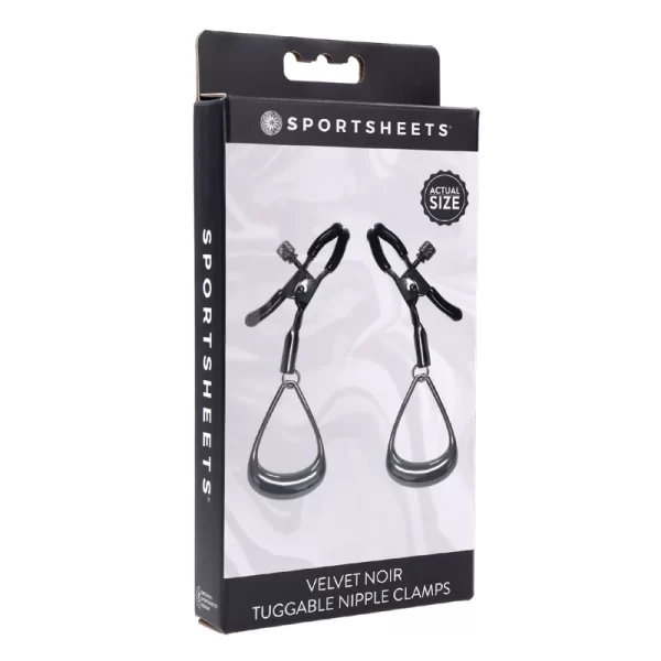« Packaging sophistiqué des pinces à mamelons Velvet Noir Tuggable par Boutique Érotique Le Prince ».