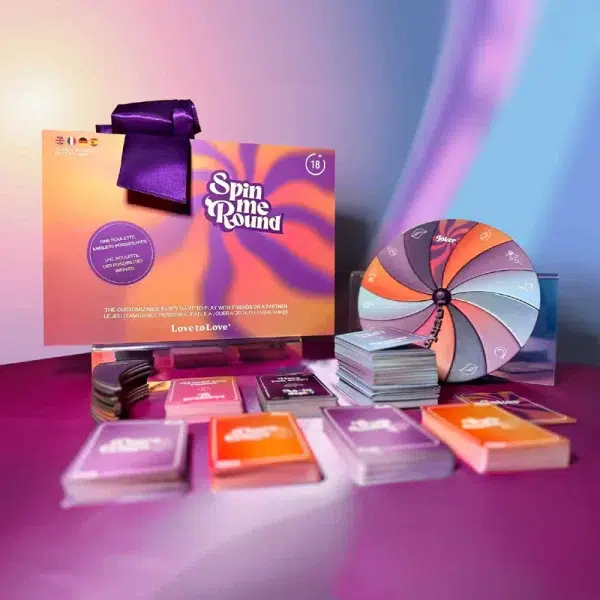 Contenu de la boîte Spin Me ‘Round – cartes, roue, bandeau