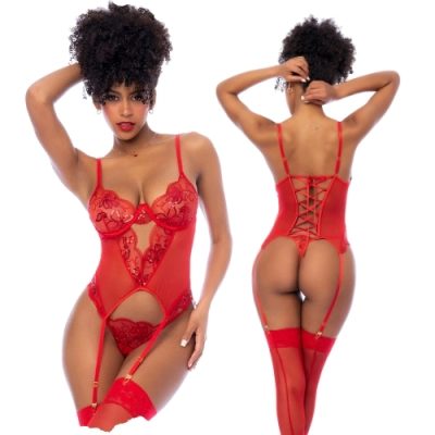 Bustier dentelle rouge Mapalé avec lacets et bonnets armaturés