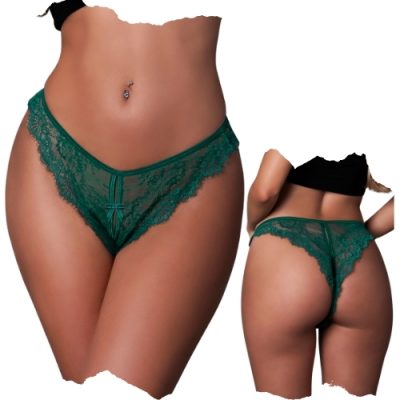 String ouvert en dentelle émeraude – vue avant avec nœud