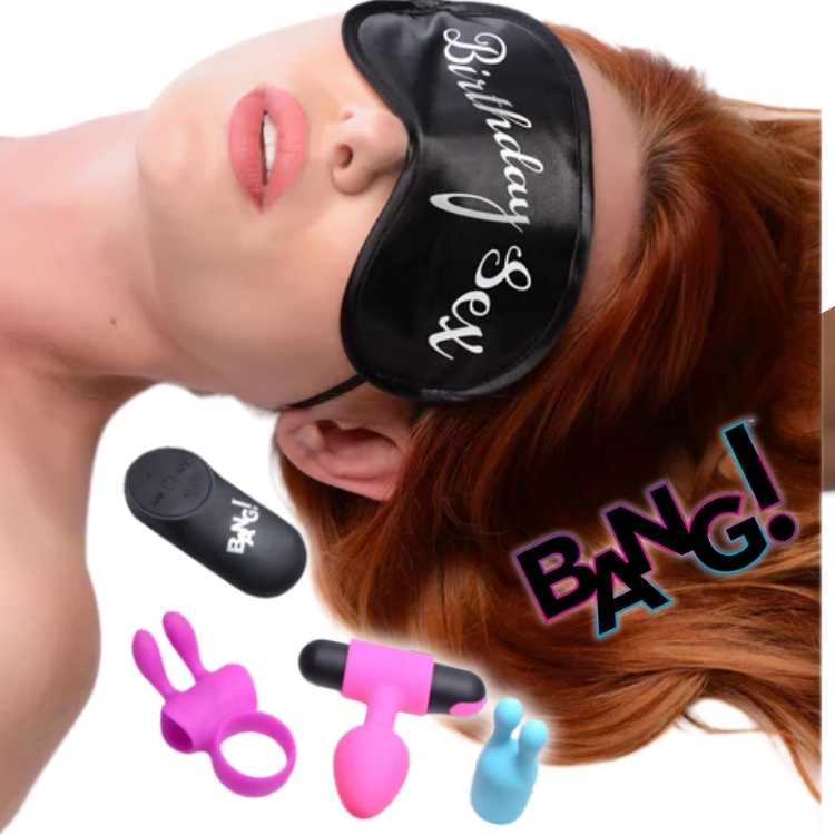 Femme portant le masque « Birthday Sex » avec les jouets Bang!