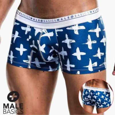Boxer Court Hipster Santorini de MaleBasics bleu motifs blancs