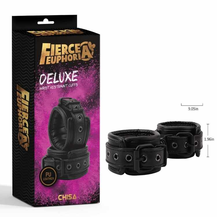 Menottes en cuir PU doublées, design confortable et élégant pour jeux BDSM.