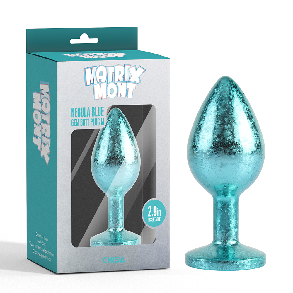 Plug anal bijou en métal bleu Matrix Mont avec cristal brillant, design élégant et finition polie, format moyen sécuritaire.