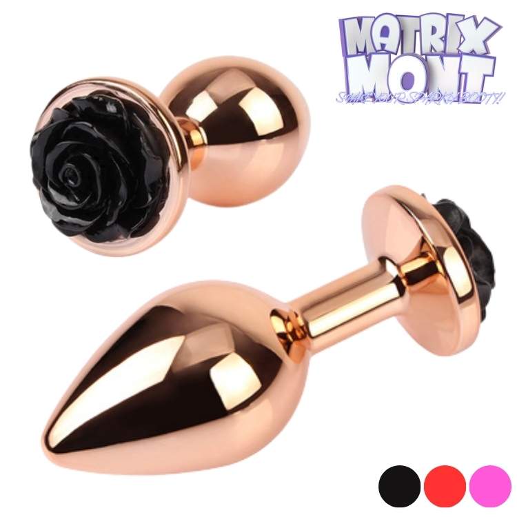 Plug anal or rose Matrix Mont orné d’une fleur noire élégante.