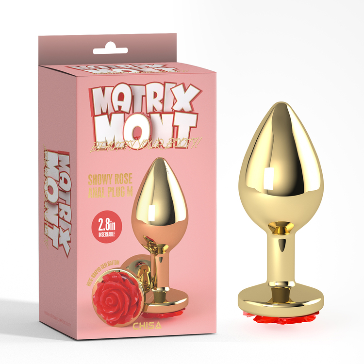 Plug anal or jaune Matrix Mont avec base en forme de rose rouge.