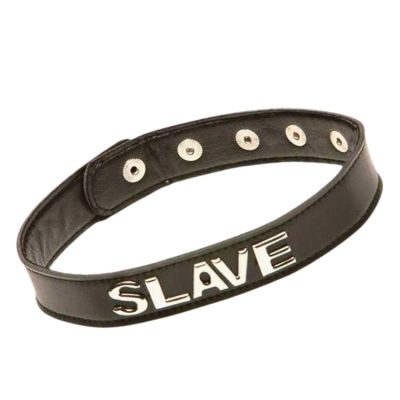 Collier SLAVE en cuir synthétique noir avec lettres argentées
