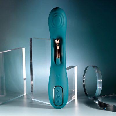 Aurelie – Playboy Pleasure (1) Vue de face du vibromasseur Playboy Aurélie – design teal et or rose