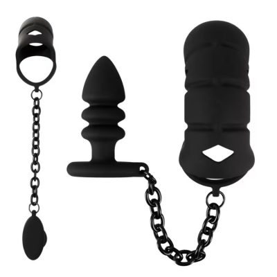 cock cage with butt plug Black Velvets front view