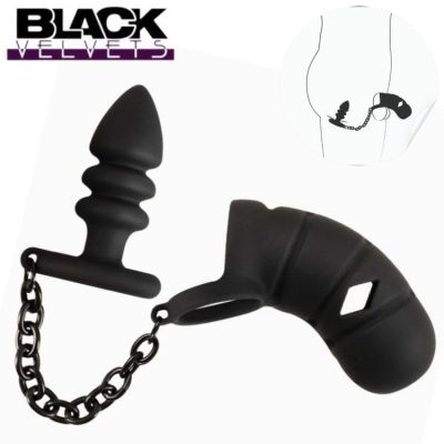 Black Velvets cock cage with anal plug worn