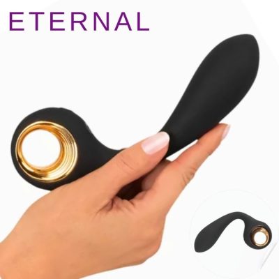 Le Bendable G-Spot Vibrator ETERNAL noir montrant sa courbure ergonomique et l'anneau doré.