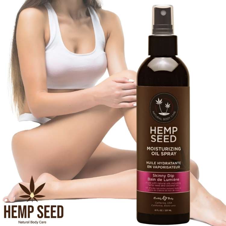 Hemp Seed Moisturizing Oil Spray 8 oz Earthly Body - flacon spray avec 4 fragrances - huile corporelle vegan pour hydratation et massage