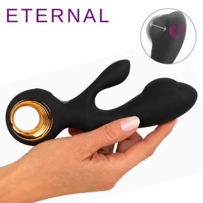 Le Vibrateur Lapin Gonflable ETERNAL noir avec la poignée en anneau doré.