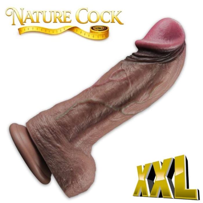 Gode XXL 11 pouces Dual Layered Silicone Nature Cock - vue frontale tête rose veines réalistes base ventouse