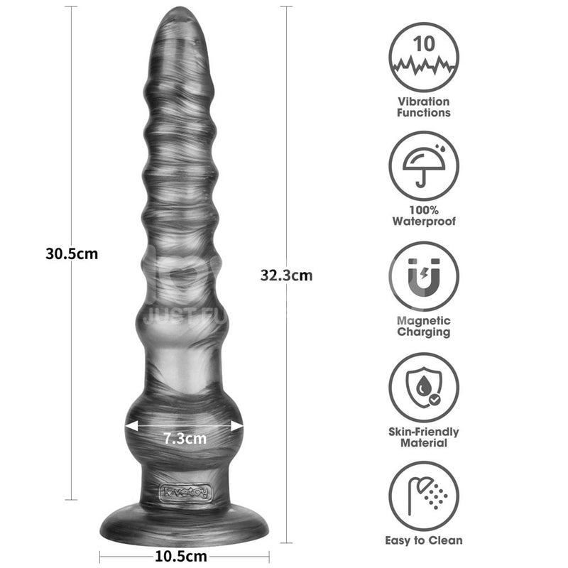 Infographie spécifications techniques dimensions : Spécifications techniques Vibrax Slider 12.5 pouces – longueur totale 32.3 cm longueur insertable 30.5 cm – diamètre 7.3 cm base 10.5 cm – icônes 10 vibrations 100% waterproof chargement magnétique skin-friendly easy clean