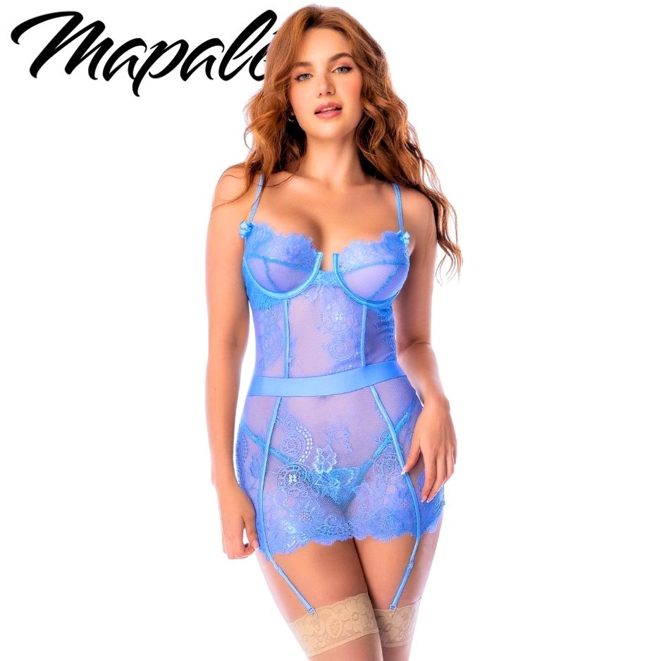 Babydoll en Dentelle Transparente Bleu avec Laçages et Jarretelles de Mapalé - 7625