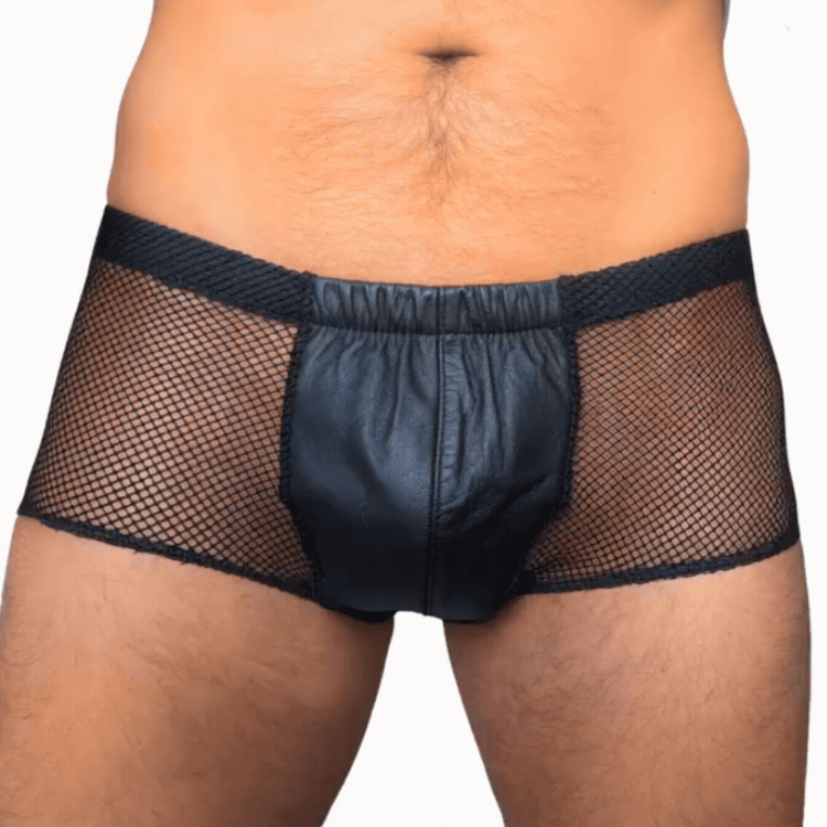 Boxer Homme en Filet Noir avec Panneau Avant Aspect Cuir – One Size