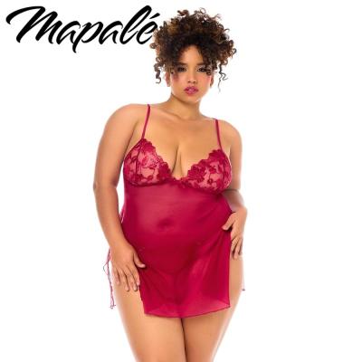 Babydoll Rouge à Dentelle Florale Grande Taille et String - MA7620X - Mapalé