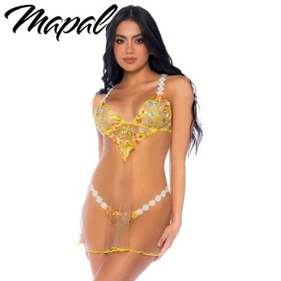 Babydoll Transparent à Broderies Florales et String - MA7608 - Mapalé