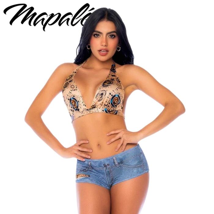 Ensemble bohème Mapalé avec bralette imprimée et short effet denim vue de face