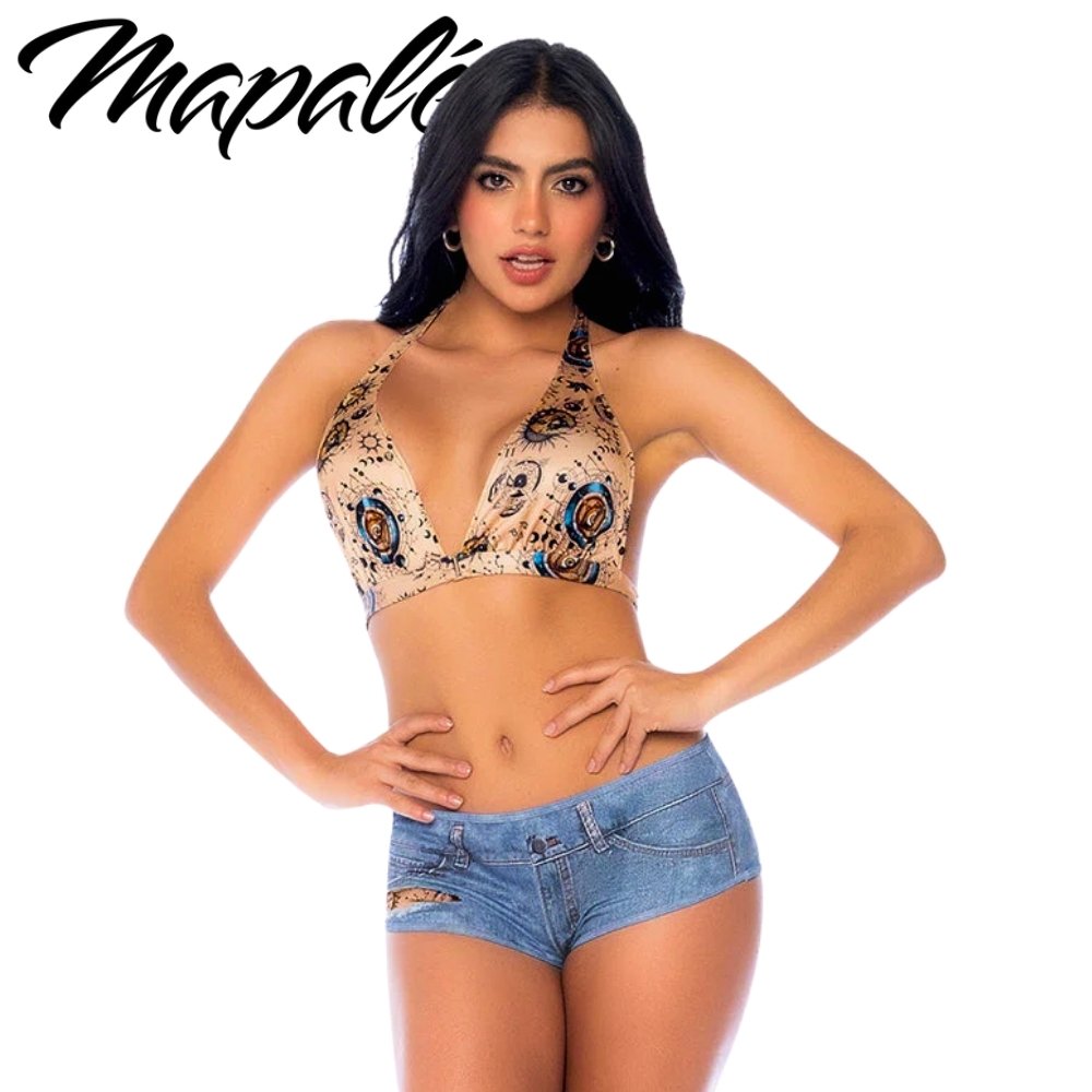 Ensemble bohème Mapalé avec bralette imprimée et short effet denim vue de face