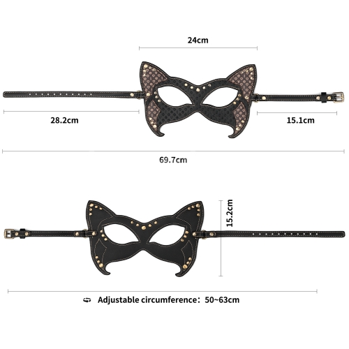 Vue de face du masque chat BDSM montrant les rivets