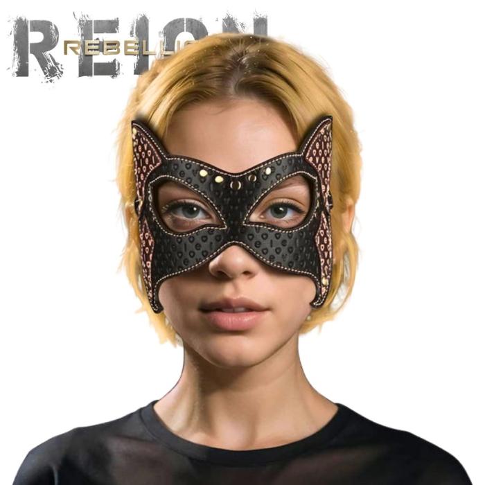 Masque chat BDSM noir avec rivets bronze antique