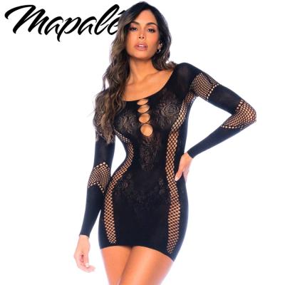 Robe ajustée en filet noire à manches longues Mapalé vue de face
