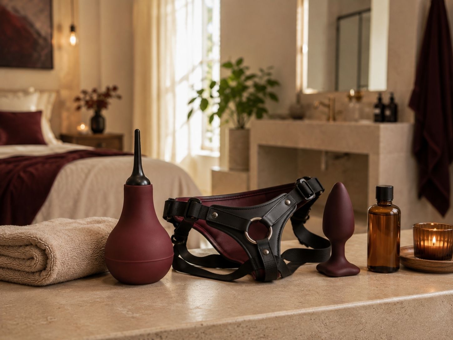 Poire de lavement avec harnais strap-on et accessoires intimes