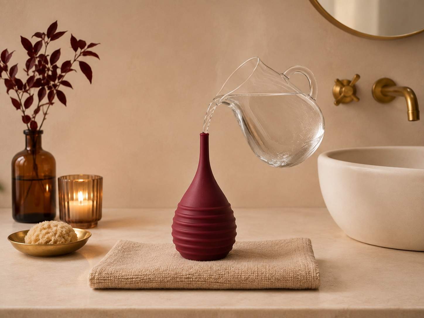 Remplissage d’une poire de lavement avec de l’eau tiède