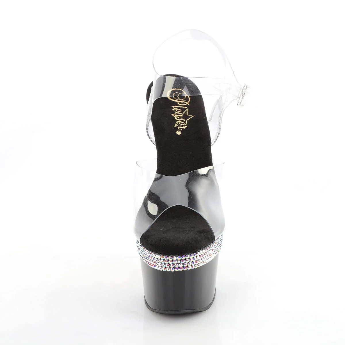 Vue avant de la Pleaser Adore-708PHRS avec bride transparente et plateforme à strass