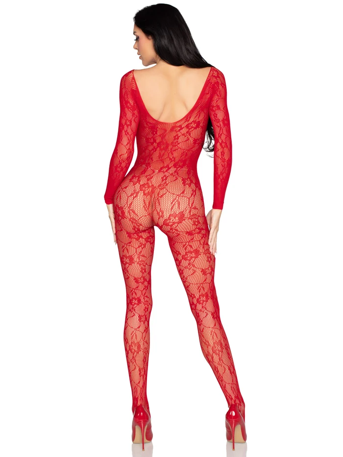 Dos de la combinaison intégrale rouge en dentelle Leg Avenue