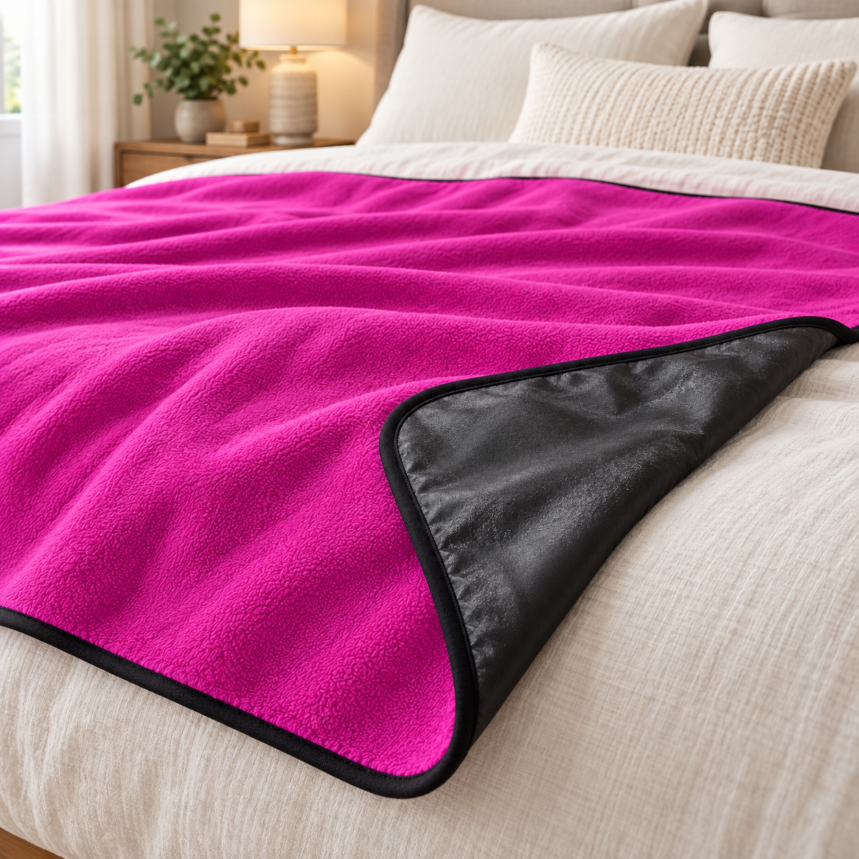 Couverture imperméable SplashLand rose fuchsia et noire dépliée sur un lit