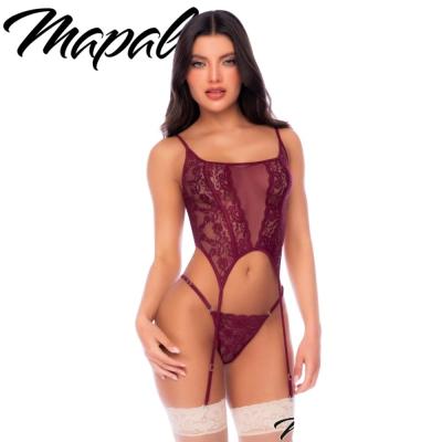 Bustier en Dentelle Florale Bourgogne avec Jarretelles et String – MA80033 – Mapalé