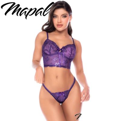 Ensemble violet Mapalé en dentelle scintillante avec soutien-gorge long et string