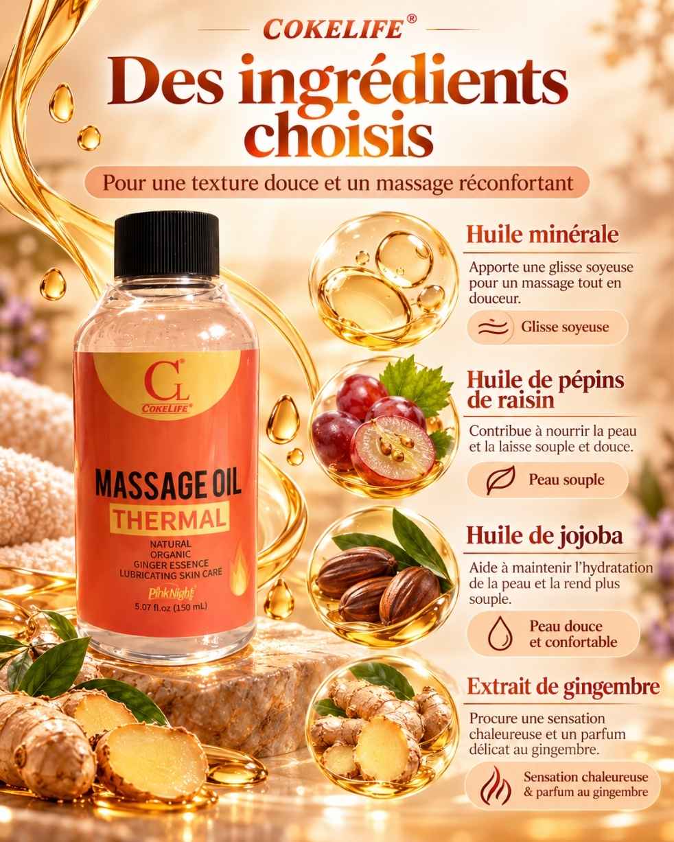 Ingrédients de l’huile de massage : jojoba, pépins de raisin, gingembre