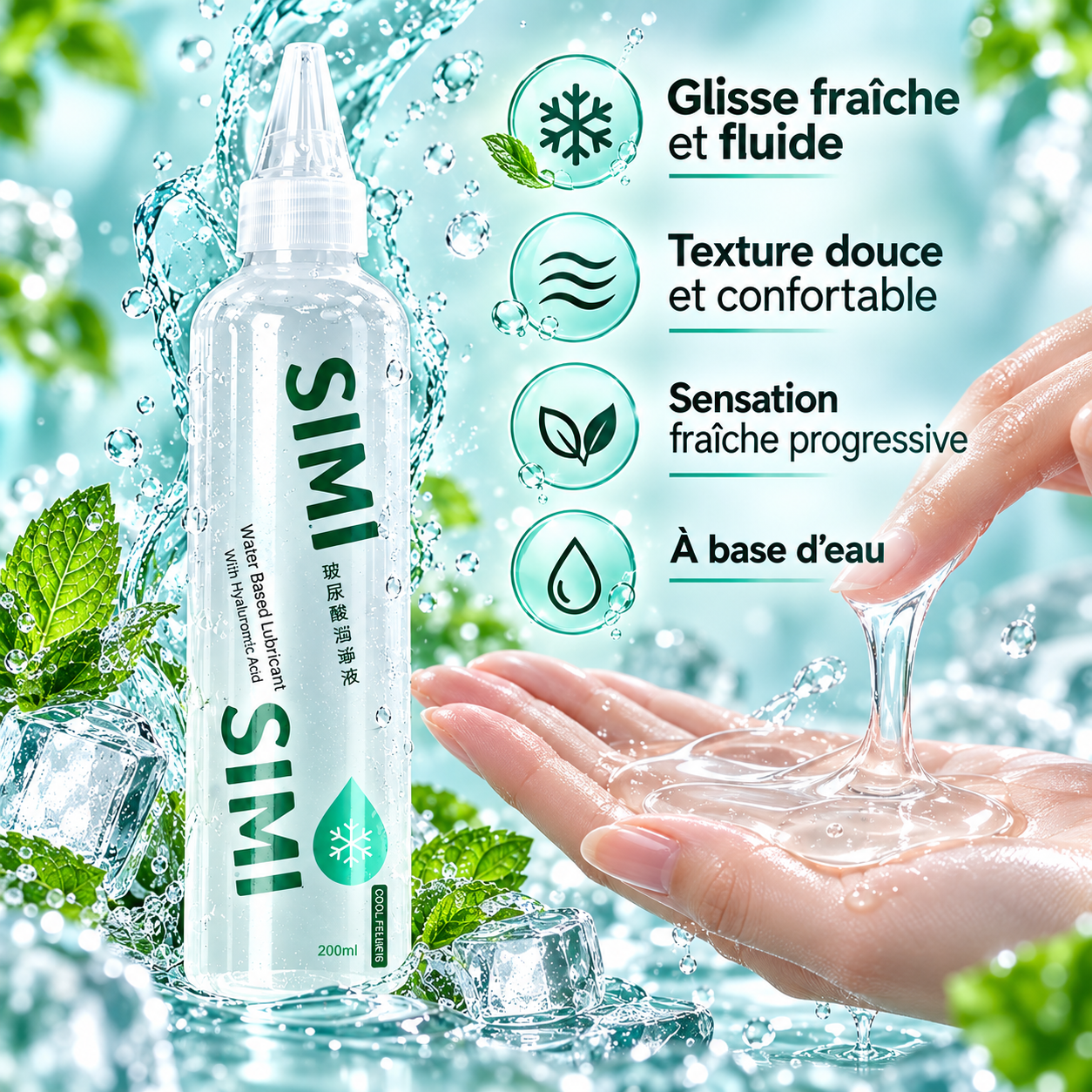 Lubrifiant SIMI enrichi en hyaluronate de sodium, effet froid