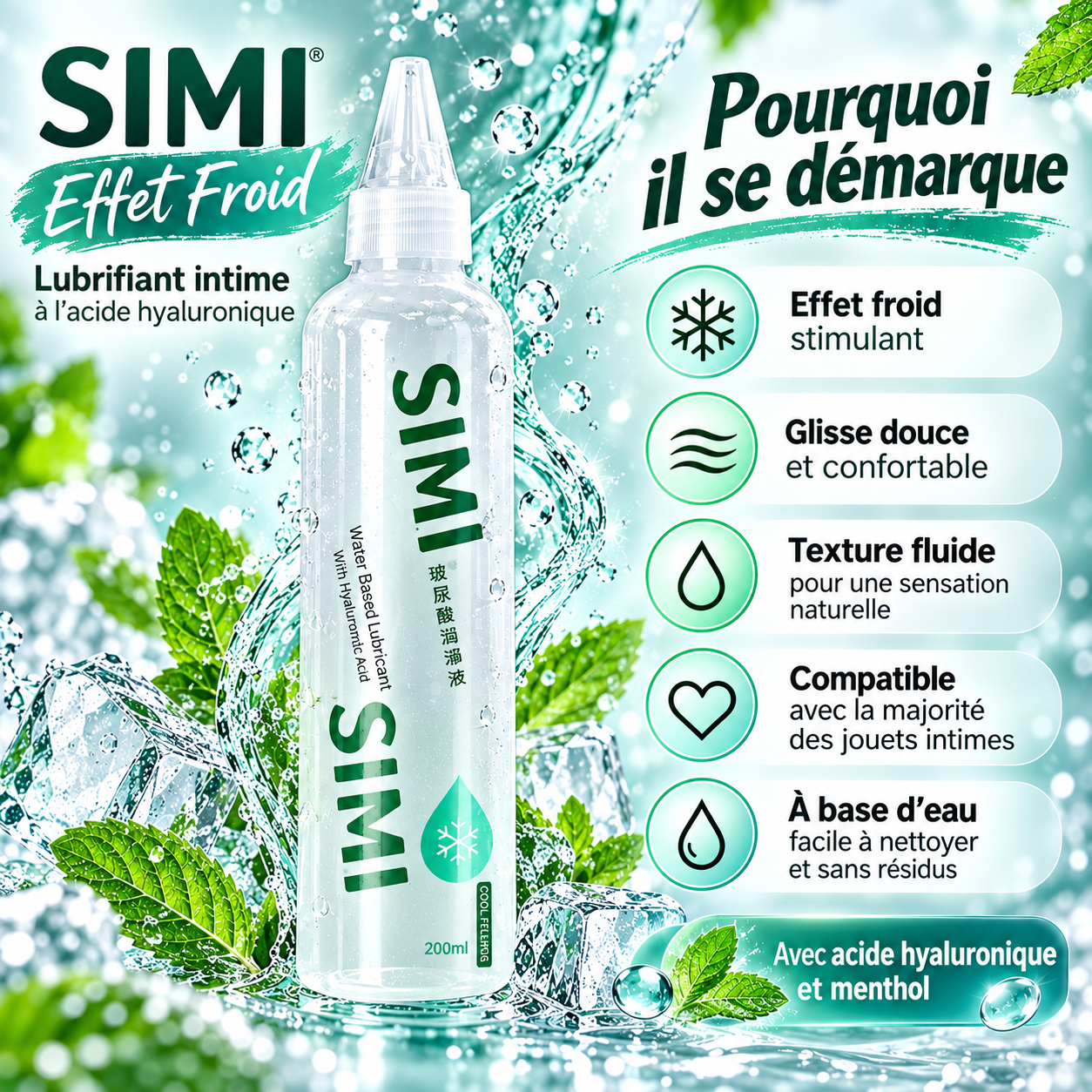 Texture fluide et couleur bleue du lubrifiant SIMI effet froid